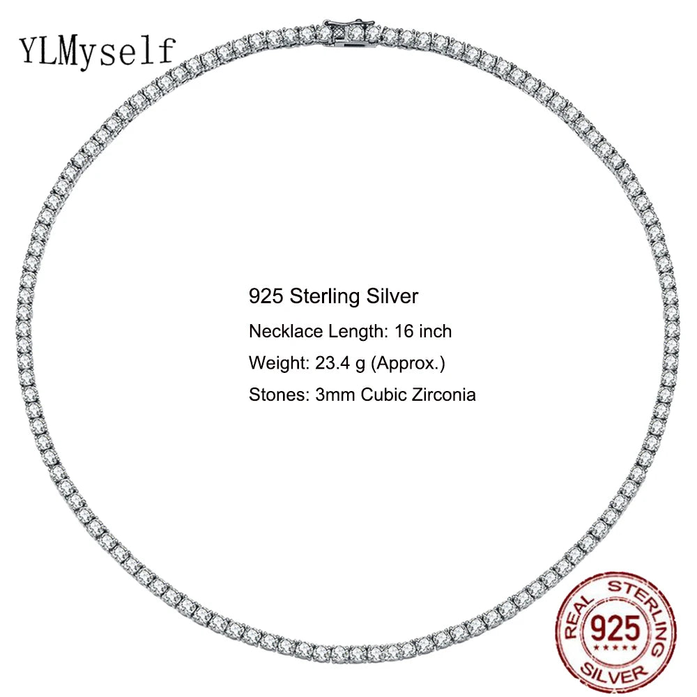 100% Guarantee Real 925 Sterling Silver 41/45/51/56/61CM Tennis Necklace 3/4mm Zircon Chain Unisex Choker Fine Jewelry