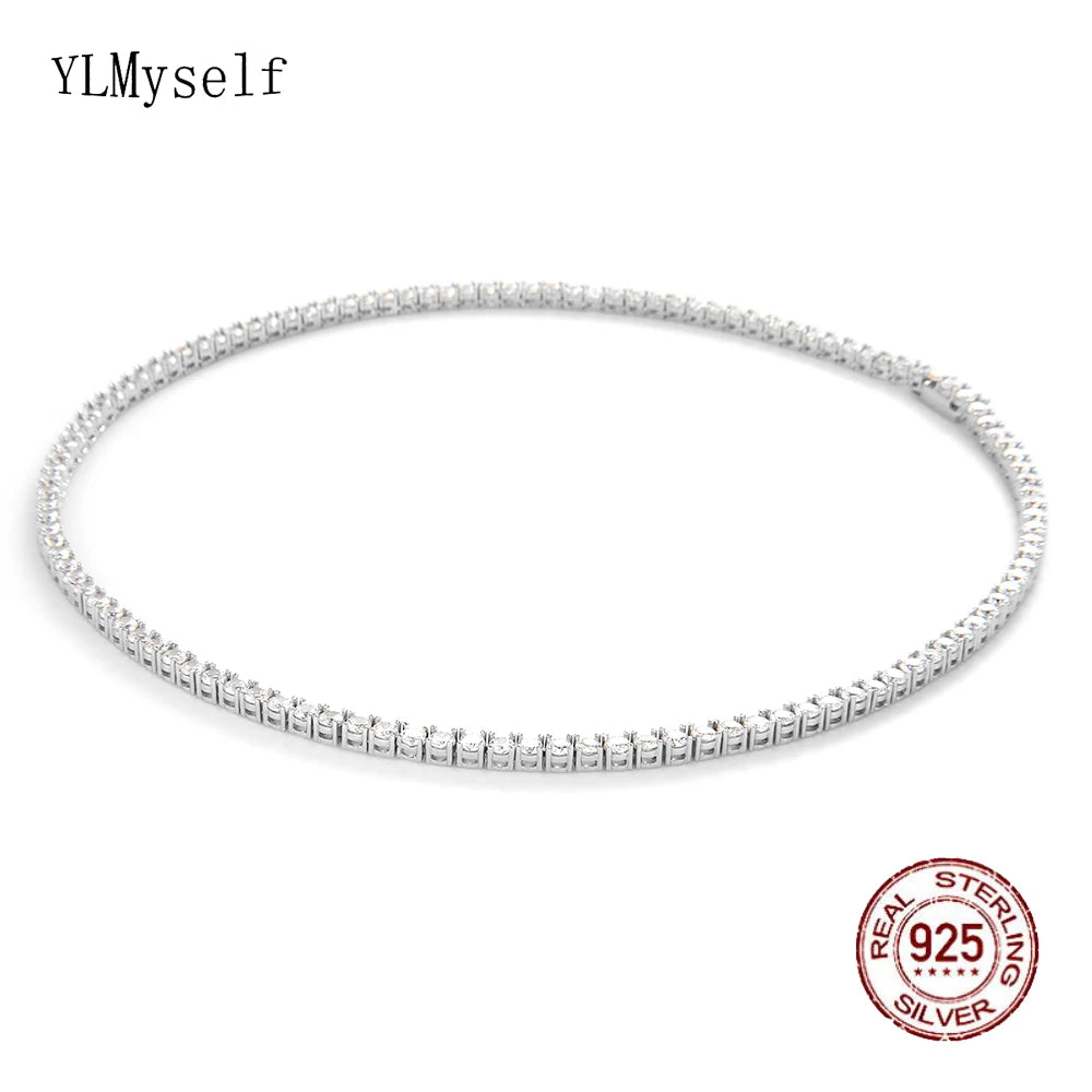 100% Guarantee Real 925 Sterling Silver 41/45/51/56/61CM Tennis Necklace 3/4mm Zircon Chain Unisex Choker Fine Jewelry