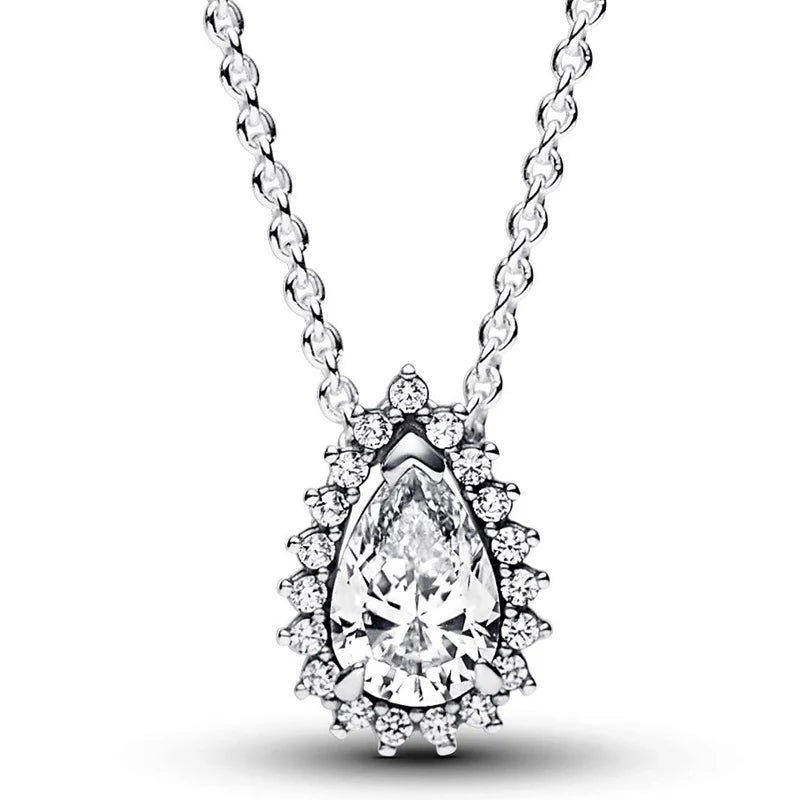 Authentic 925 Sterling Silver Sparkling Pear Halo Earring Necklace With Crystal For Women Jewelry Set Gift