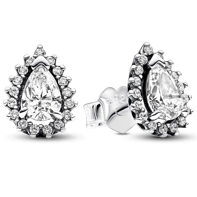Authentic 925 Sterling Silver Sparkling Pear Halo Earring Necklace With Crystal For Women Jewelry Set Gift