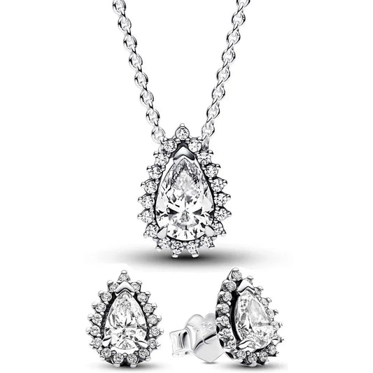 Authentic 925 Sterling Silver Sparkling Pear Halo Earring Necklace With Crystal For Women Jewelry Set Gift